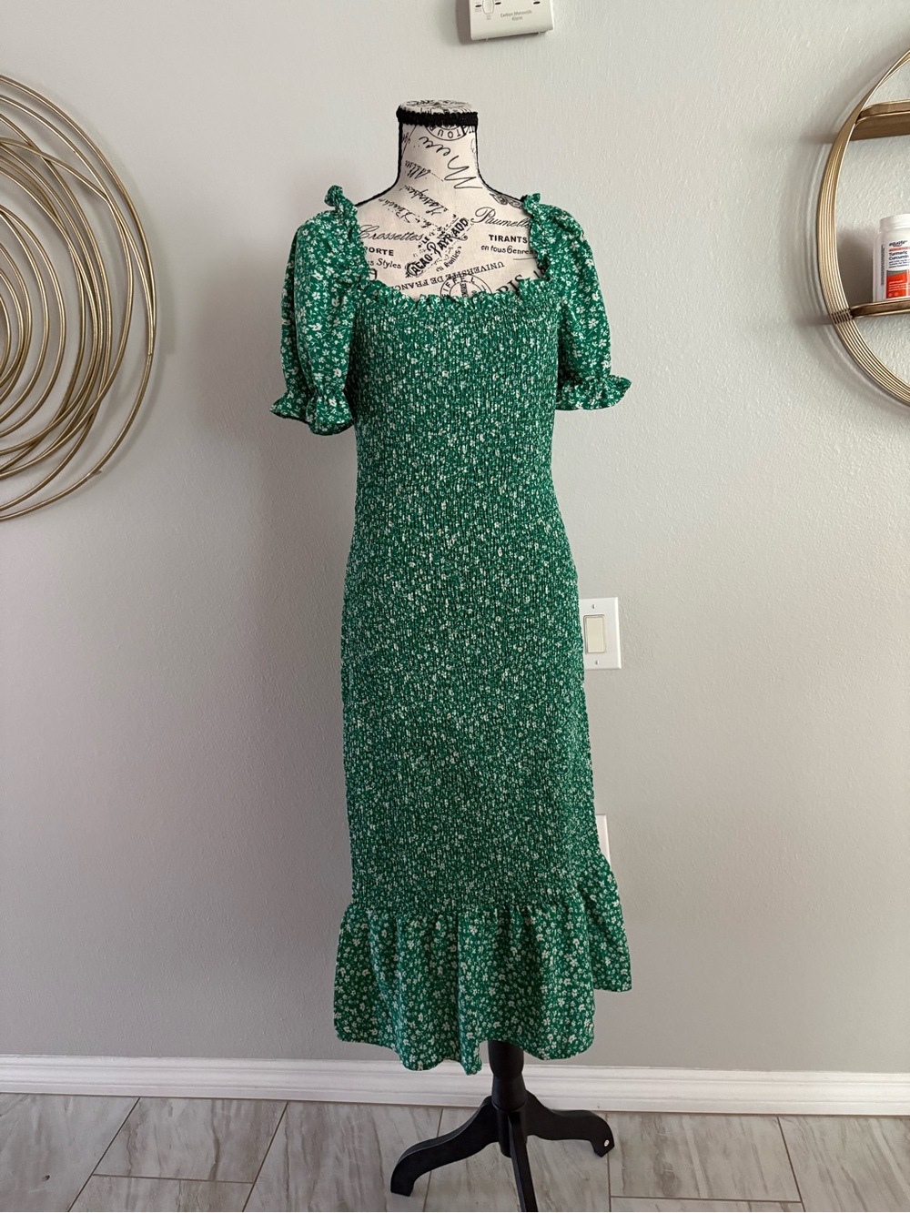 Green Floral Midi Dress with Smocked Bodice and Puff Sleeves